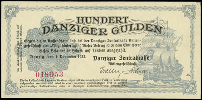 100 guldenów 1.11.1923, Miłczak G41, Ros. 832, na stronie odwrotnej nadruk \Ungültig ! / Nicht zugelassen / im Zahlungs = / verkehr., egzemplarz z 29. aukcji WCN