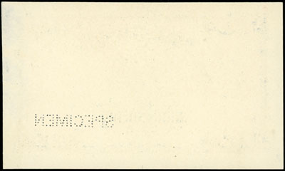 10 guldenów 10.02.1924, jednostronny wzór strony głównej banknotu, próba kolorystyczna w kolorze różowo-niebiesko-zielonym, z perforowanym napisem SPECIMEN, bez oznaczenia serii i numeracji, Miłczak G42, Ros. 833, na stronie odwrotnej ubytki papieru - ślady po oderwaniu, rzadkie i bardzo ładnie zachowane