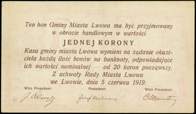 Lwów, Gmina Miasta, 1 korona 5.06.1919, seria P, Podczaski G-203.B.2