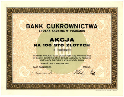 Bank Cukrownictwa S. A. w Poznaniu, akcja na 100
