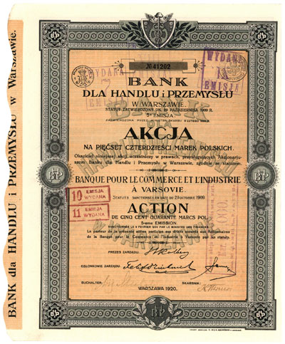 Bank dla Handlu i Przemysłu w Warszawie, akcja na 540 marek polskich, Warszawa 9.02.1920, 5. emisja, 6 kuponów, ostemplowane
