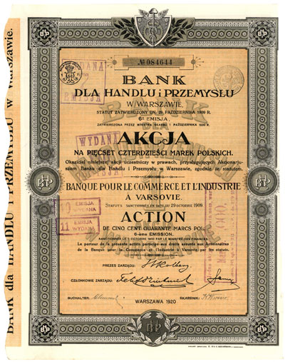 Bank dla Handlu i Przemysłu w Warszawie, akcja na 540 marek polskich, Warszawa 1.10.1920, 6. emisja, 6 kuponów, ostemplowane