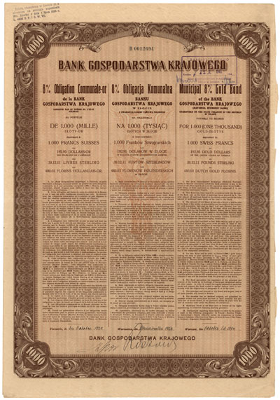 Bank Gospodarstwa Krajowego, 8% obligacja komunalna na 1.000 złotych w złocie, Warszawa 1.10.1924, bez kuponów, pieczęcie, bardzo rzadka