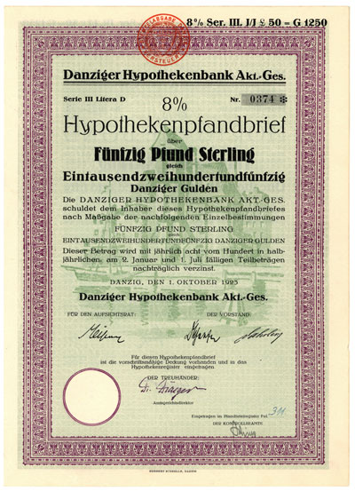 Danziger Hypothekenbank Akt.-Ges., 8% list zasta