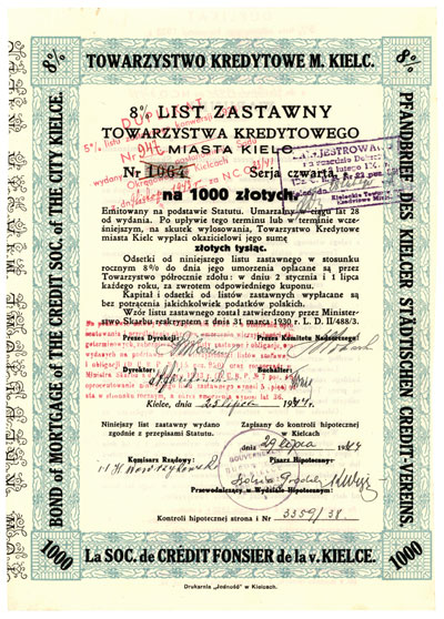 Towarzystwo Kredytowe miasta Kielc, 8% list zastawny na 1.000 złotych, Kielce 25.07.1933, pieczęć z napisem \Duplikat 5% listu zastawnego konwersji 1933 r. ......\""