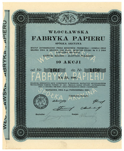Włocławska Fabryka Papieru S. A., 10 akcji na 100 złotych, Warszawa 5.10.1926, 10 kuponów, wyśmienite