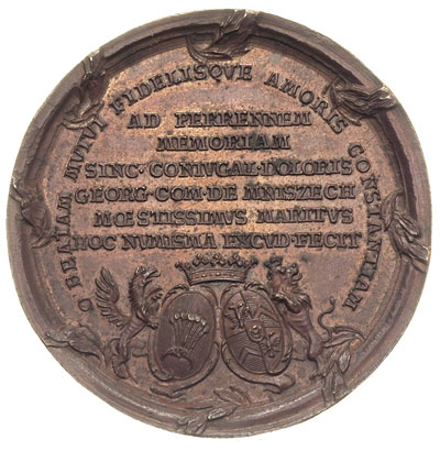 medal -śmierć Marii Amalii Mniszech z domu Brühl 1772 r., Aw: Napis w otoku NON MORITUR.., napis poziomy, u dołu dwie płonące pochodnie, Rw: Napis w otoku i poziomo, u dołu tarcze herbowe Mniszchów i Brühlów, brąz, 42 mm, Racz. 564, H-Cz. 3953 (R), lekko opiłowany rant co jest standardem dla tego medalu, piękny egzemplarz, patyna
