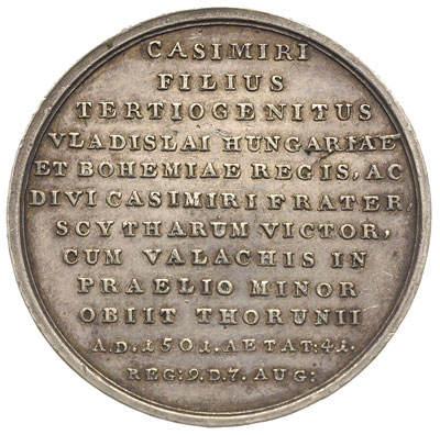 Jan Olbracht- medal ze świty królewskiej autorstwa J.F. Holzhaeussera 1780-1792, Aw: Popiersie w czapce w prawo i napis na ramieniu IOANNES ALBERTUS, Rw: Napis poziomy w dwunastu wierszach, srebro 39.73 g, 45 mm, Więcek 93, H-Cz. 3427 (R3), Racz.605, ładnie zachowany, patyna