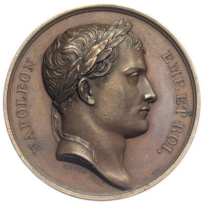 Napoleon Bonaparte, medal autorstwa Denon’a i George’a upamiętniający kampanię w latach 1806-1807 -Berlin, Warszawa i Królewiec, Aw: Popiersie w prawo i napis, Rw: Trzy ukoronowane kobiety w strojach antycznych, po bokach napis BERLIN - VARSOVIE - KOENIGSBERG, w odcinku CAMPAGNES DE MDCCCVI ET MDCCCVII, brąz 33.24 g, 40 mm, H-Cz. 4794