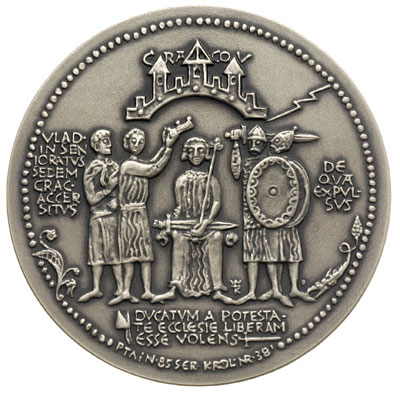 medal z królewskiej serii wydanej przez PTAiN -1985 r., wybity w Mennicy Warszawskiej w/g projektu W.Korskiego - Władysław Laskonogi, (numer 38 ‘), srebro oksydowane 148.99 g, 70 mm, MMW 427, nakład 102 sztuk, rzadki