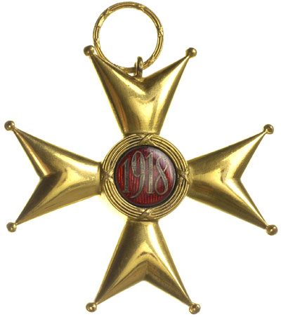 Krzyż Wielki (I klasa) Orderu Odrodzenia Polski w oryginalnym pudełku wraz ze wstęgą, nadany w 1938 roku, krzyż złocony emaliowany 68 mm, gwiazda orderowa srebrna emaliowana na stronie odwrotnej punce, 74 mm, piękny stan zachowania