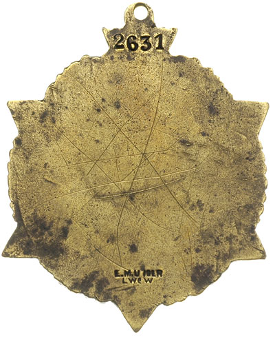 odznaka pamiątkowa Gwiazda Przemyśla 1920, na odwrocie numer 2631 i punca wytwórcy E.M.UNGER / LWÓW, mosiądz 43 x 54 mm, Stela 13.63.a, brak wstążki
