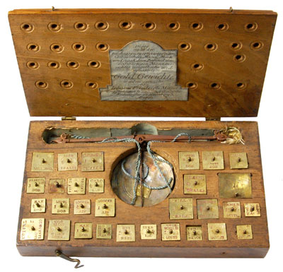 Niemcy, drewniane pudełko wraz z 31 ciężarkami przeznaczonymi do ważenia monet złotych i srebrnych będących w obiegu na terenach Rzeszy Niemieckiej i wagą z szalkami podwieszonymi na jedwabnych sznurkach. Całość wykonana przez Johanna Friedricha Mayera z Norymbergi w 1703.