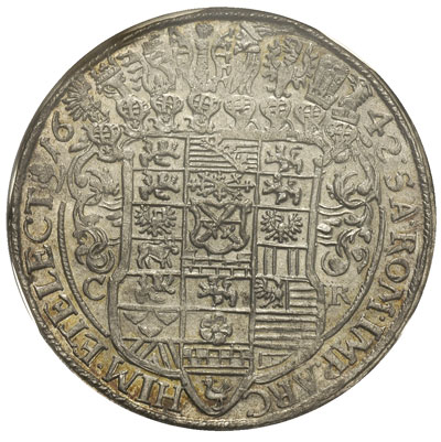 talar 1642 / CR , Drezno, Dav. 7612, Clauss-Kahnt 169, Merseb. -, Schnee 879, moneta w pudełku NGC z certyfikatem AU 58, pięknie zachowany rewers