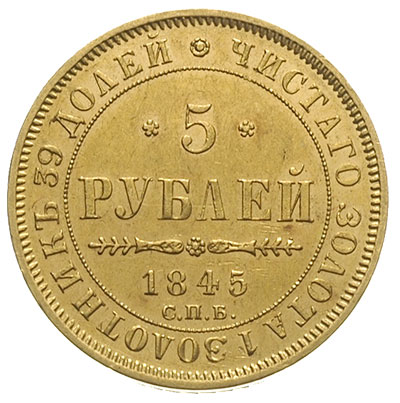 5 rubli 1845 / СПБ - КБ, Petersburg, złoto 6.56 g, Bitkin 26, ładnie zachowane, z dużym blaskiem menniczym