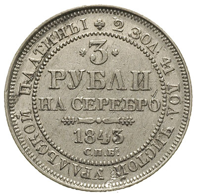 3 ruble 1843 / СПБ, Petersburg, platyna 10.32 g, Bitkin 89 (R), pozostałości patyny, niewielkie defekty w tle, ale rzadkie