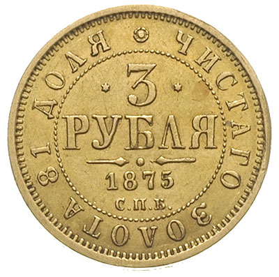 3 ruble 1875 / СПБ - HI, Petersburg, złoto 3.92 g, Bitkin 37 (R), ładnie zachowane