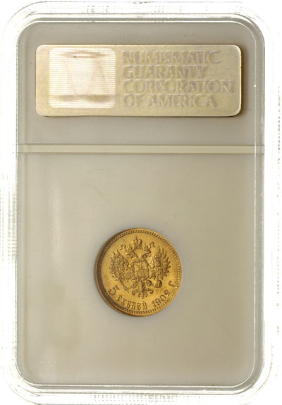 5 rubli 1902, Petersburg, złoto, Kazakov 252, moneta w pudełku NGC z certyfikatem MS 67, pięknie zachowane, patyna