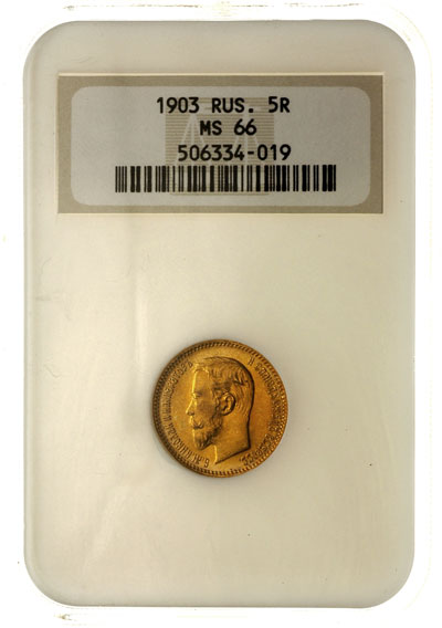 5 rubli 1903, Petersburg, złoto, Kazakov 268, moneta w pudełku NGC z certyfikatem MS 66, pięknie zachowane, patyna