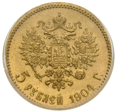 5 rubli 1904, Petersburg, złoto, Kazakov 282, moneta w pudełku ICG z certyfikatem MS 66, pięknie zachowane