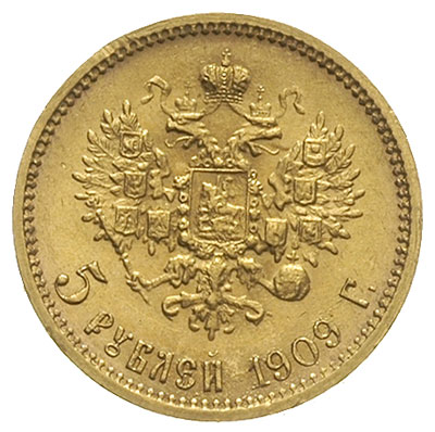 5 rubli 1909 ЭБ, Petersburg, złoto 3.41 g, Kazakov 360, rzadkie i pięknie zachowane, patyna
