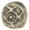 denar XIV/XV w., Aw: Na tle krzyża okrąg z kulką