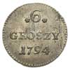 6 groszy 1794, Warszawa, mniejsze cyfry daty, Plage 210, piękne, patyna