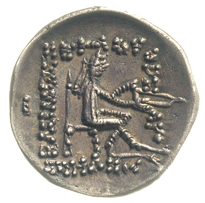 drachma, Aw: Popiersie króla w lewo, Rw: Łucznik siedzący na tronie w prawo, trzymający łuk, po lewej znak I, srebro 4.08 g, Sellwood 26.21, BMC -, bardzo ładnie zachowany rewers