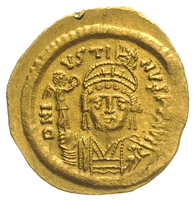 solidus 565-578, Konstantynopol, Aw: Popiersie na wprost, D N I-VSTI-NVS PP AVG, Rw: Constantinopolis na tronie na wprost, trzymająca berło i jabłko królewskie, VICTORI-A AVGGG A, w odcinku CONOB, złoto 4.50 g, DOC 4a, Sear 345, niewielkie uderzenie na krawędzi