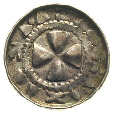 denar krzyżowy X-XI w., Aw: Krzyż prosty i kółka