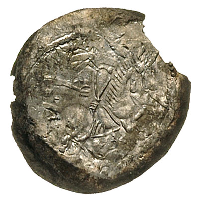 denar, Aw: Rycerz w kiecy ze wzniesionym mieczem w prawej i okrągłą tarczą w lewej ręce walczy ze wspiętym lwem, Rw: Na koniu galopującym w prawo rycerz z tarczą normańską i proporcem rozwiniętym do tyłu, w polu gwiazdy, Str.44c, srebro 15 mm, 0.16 g, typ monety znany ze skarbu z Pełczysk ukrytego po 1257 r, na kujawskie pochodzenie monety wskazuje znalezisko z Wandynowa w powiecie radziejowskim potwierdzone dodatkowo nowym znaleziskiem, oddalonym o kilka zaledwie kilometrów