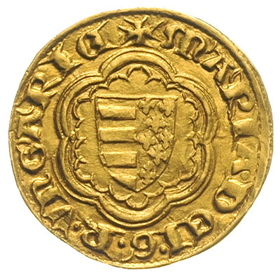 goldgulden 1383-1384, Buda, Aw: Tarcza Andegawenów w rozecie, MARIA DEI G R VNGARIE, Rw: Św. Ładysław z halabardą i jabłkiem królewskim na wprost, z lewej rozeta, złoto 3.44 g, Gyöngyössy 751, Pohl C1-1, Huszar 563, bardzo rzadki