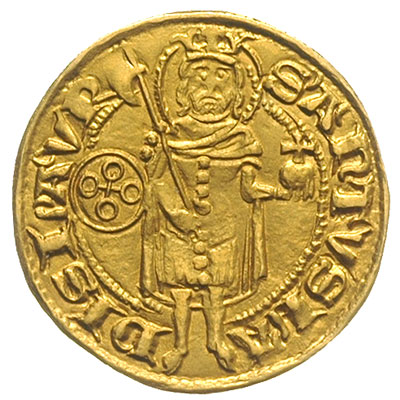 goldgulden 1383-1384, Buda, Aw: Tarcza Andegawenów w rozecie, MARIA DEI G R VNGARIE, Rw: Św. Ładysław z halabardą i jabłkiem królewskim na wprost, z lewej rozeta, złoto 3.44 g, Gyöngyössy 751, Pohl C1-1, Huszar 563, bardzo rzadki