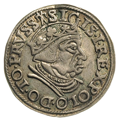 trojak 1538, Gdańsk, na awersie końcówka napisu PRVSS, po słowie TRIP 2 kropki, Iger G.38.1.g (R1), minimalnie ugięta blacha