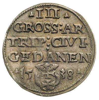 trojak 1538, Gdańsk, na awersie końcówka napisu PRVSS, po słowie TRIP 2 kropki, Iger G.38.1.g (R1), minimalnie ugięta blacha