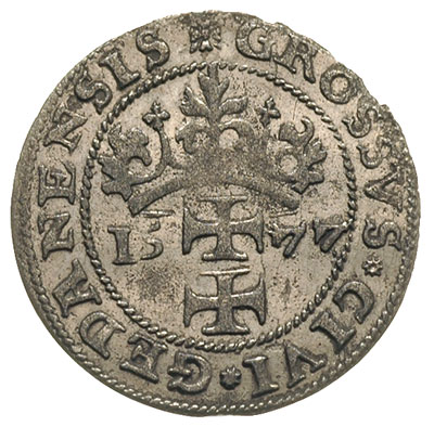 grosz oblężniczy 1577, Gdańsk, wybity w czasie gdy zarządcą mennicy był K. Goebl, na awersie głowa Chrystusa nie przerywa wewnętrznej obwódki, T. 2.50, niewielka wada blachy na awersie, ale bardzo ładnie zachowany