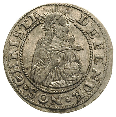 grosz oblężniczy 1577, Gdańsk, wybity w czasie gdy zarządcą mennicy był K. Goebl, na awersie głowa Chrystusa przerywa wewnętrzną obwódkę, T. 2.50, bardzo ładnie zachowany egzemplarz