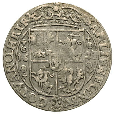 ort 1623, Bydgoszcz, odmiana z wąskim popiersiem króla i napis PRV : M +, na rewersie dodatkowo krzyżyki jako ozdobniki po bokach tarczy herbowej