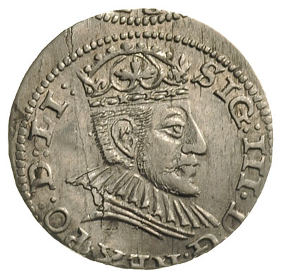 trojak 1590, Ryga, Iger R.90.1.a, małe popiersie króla, wada blachy, niecentrycznie wybity, ale ładnie zachowany