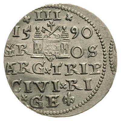 trojak 1590, Ryga, Iger R.90.1.a, małe popiersie króla, wada blachy, niecentrycznie wybity, ale ładnie zachowany