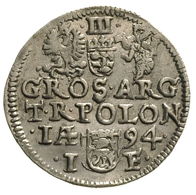 trojak 1594, Olkusz, na awersie SIG III D G REX... i data z prawej strony herbu Lewart, Iger O.94.9. p, bardzo ładny