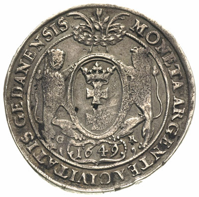 talar 1649, Gdańsk, odmiana z dużą głową króla. 27.76 g, Dav. 4358, T. 7, ślad po oprawie, patyna