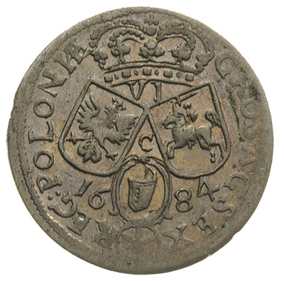 szóstak 1684, Kraków, popiersie króla w koronie i litera C pomiędzy tarczami herbowymi, delikatna patyna