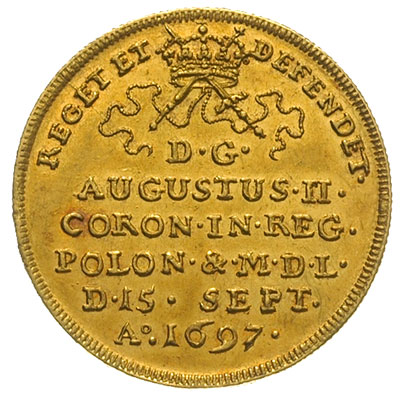 dwudukat koronacyjny 1697, Drezno, Aw: Król na koniu, Rw: Napisy, złoto 6.94 g, Kahnt 243, moneta wybita z okazji koronacji Augusta na króla Polski, ładnie zachowany, patyna