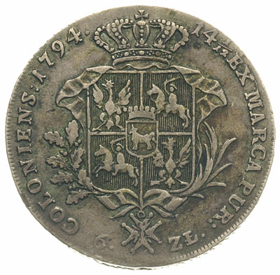 talar 1794, Warszawa, dłuższa gałązka lauru z prawej strony, 23.84 g, Plage 373, Dav. 1623, patyna