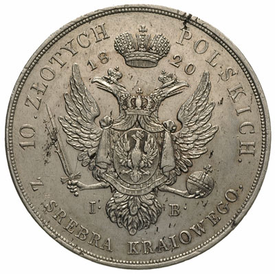 10 złotych 1820, Warszawa, 31.03 g, Plage 23, Bitkin 819 (R), minimalna wada blachy, ale ładny egzemplarz