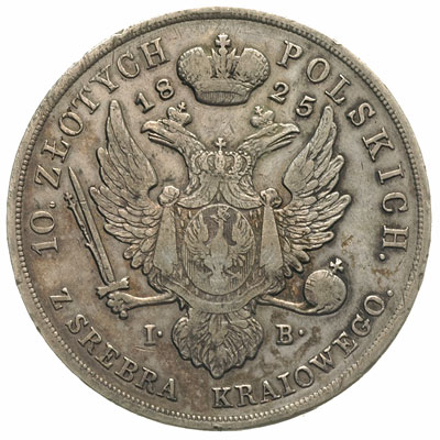 10 złotych 1825, Warszawa, 30.84 g, Plage 28 (R1), Bitkin 824 (R1), bardzo rzadki rocznik, delikatna patyna