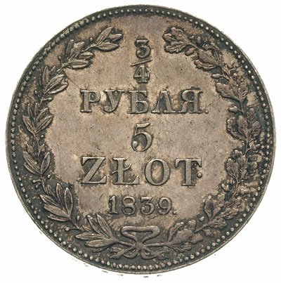 3/4 rubla = 5 złotych 1839, Warszawa, Plage 363, Bitkin 1145, ładnie zachowany egzemplarz, patyna
