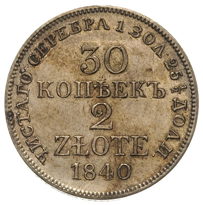 30 kopiejek = 2 złote 1840, Warszawa, odmiana z piórem wystającym z ogona, Plage, 379, Bitkin 1161, wybite stemplem lustrzanym, patyna
