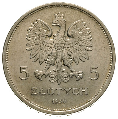 5 złotych 1930, Warszawa, Nike, Parchimowicz 114.c, rzadki rocznik, bardzo ładnie zachowane
